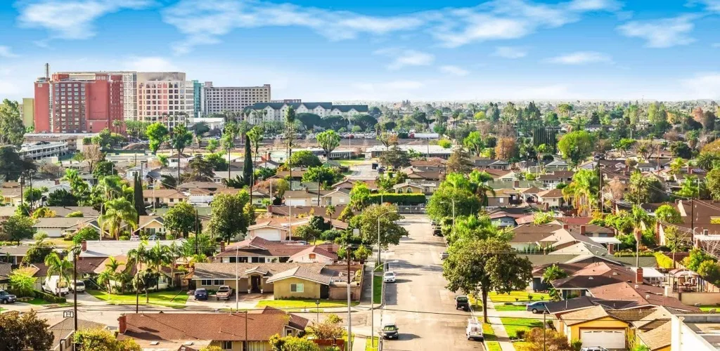 Anaheim residential rooftops with palm trees and downtown in distance